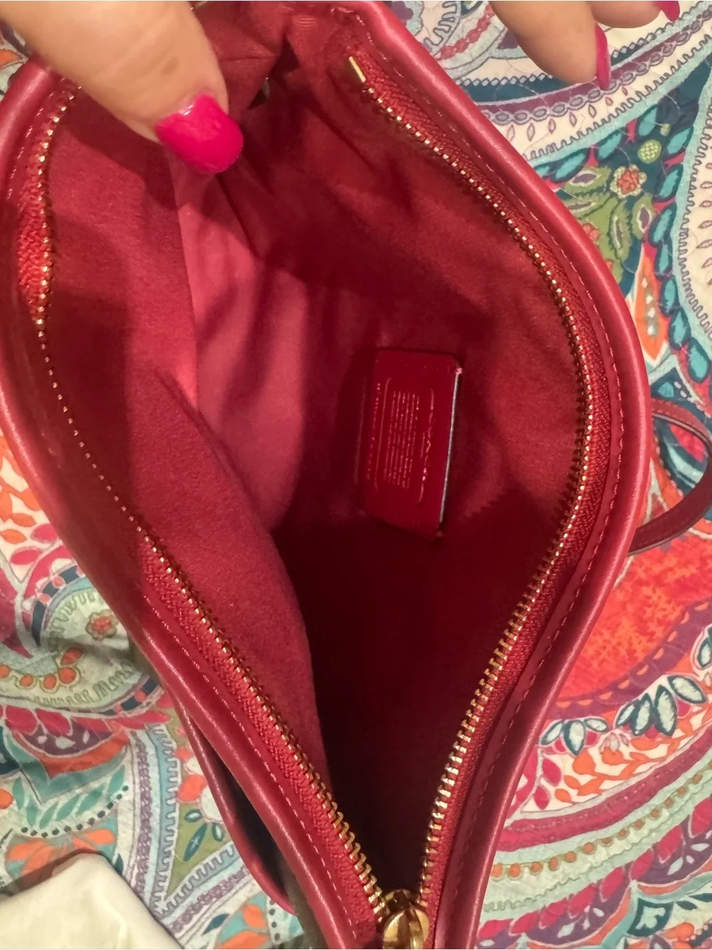 Coach Brown Signature Crossbody Bag with Burgundy Trim